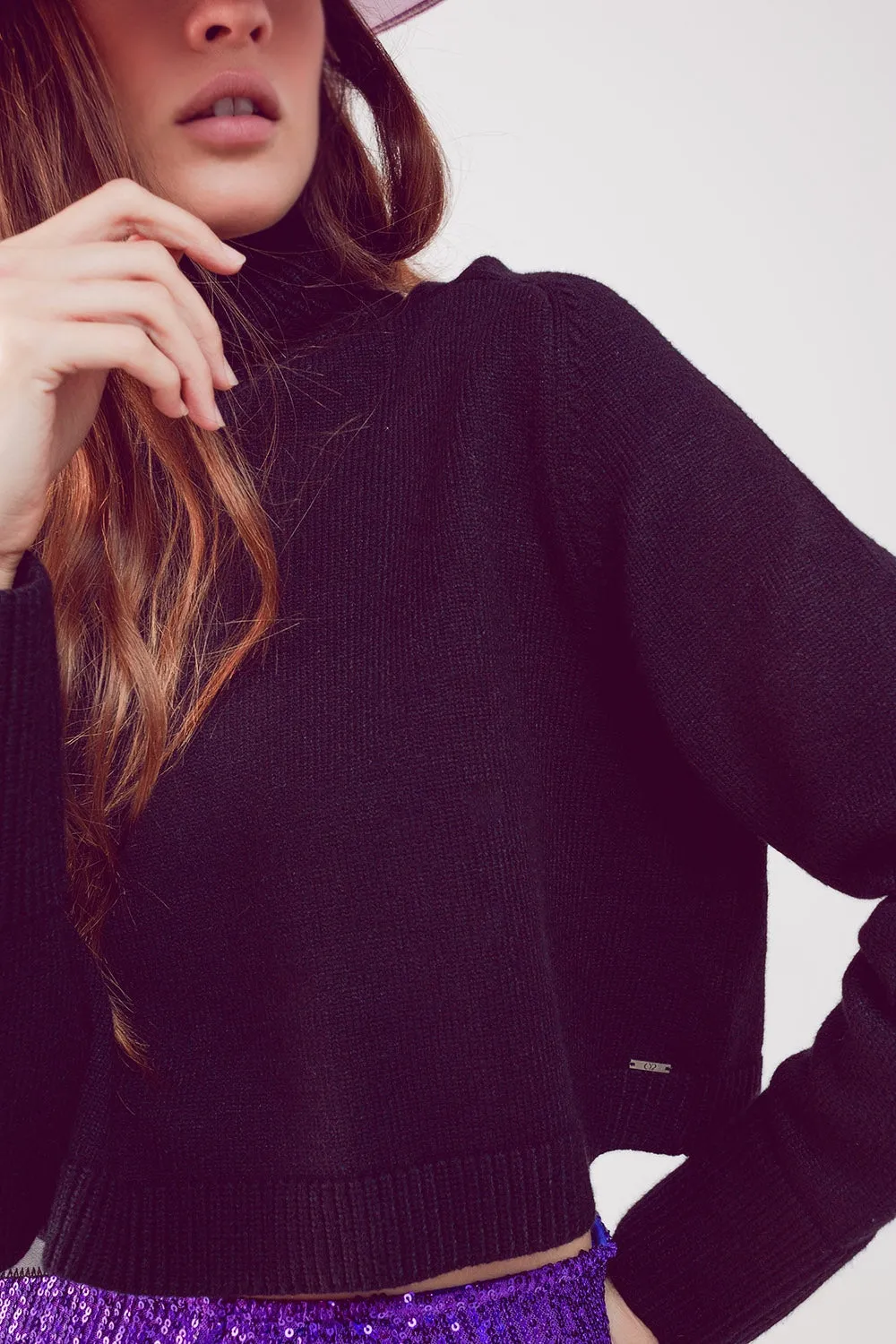 High Neck Cropped Jumper In Black