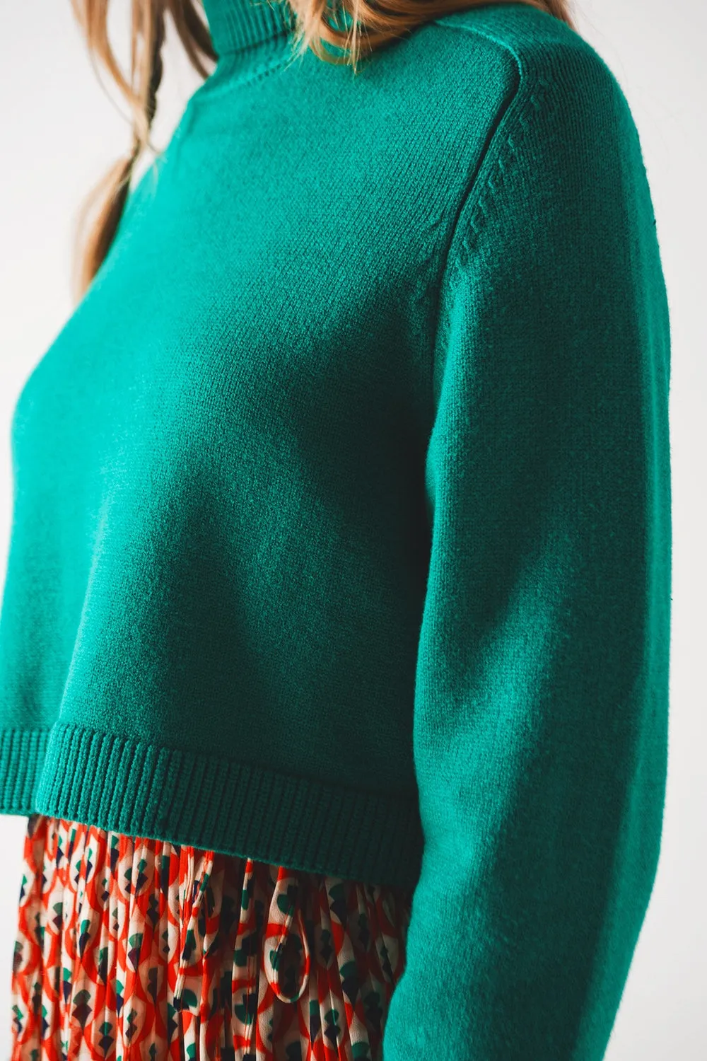 High Neck Cropped Jumper In Green