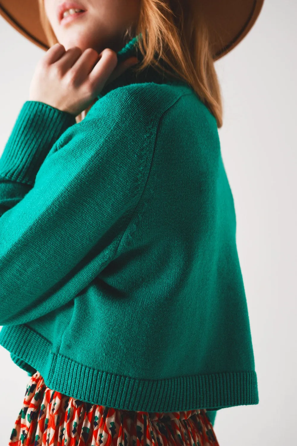 High Neck Cropped Jumper In Green