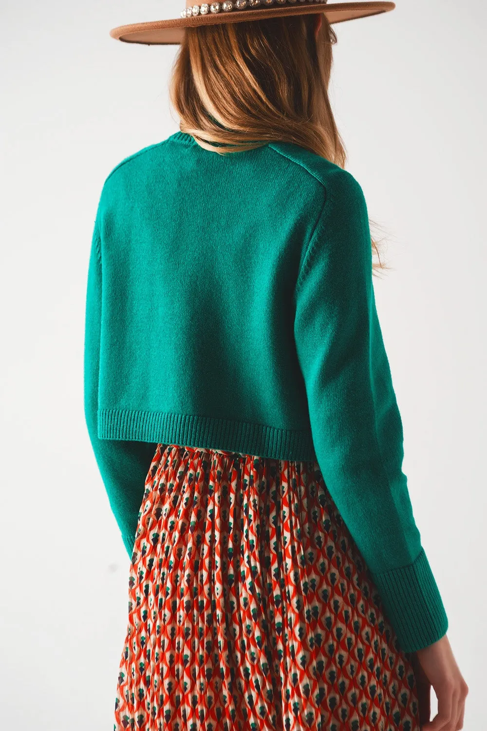 High Neck Cropped Jumper In Green