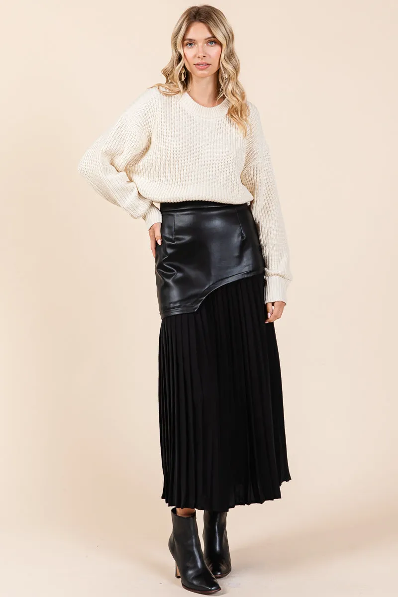 High Waist Pleated Hem Faux Leather Midi Skirt