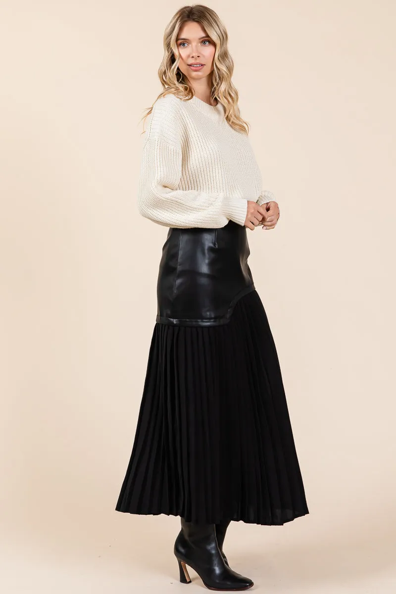 High Waist Pleated Hem Faux Leather Midi Skirt