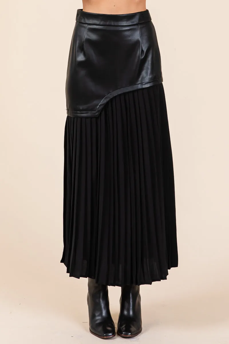 High Waist Pleated Hem Faux Leather Midi Skirt