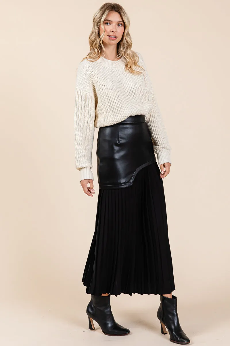 High Waist Pleated Hem Faux Leather Midi Skirt