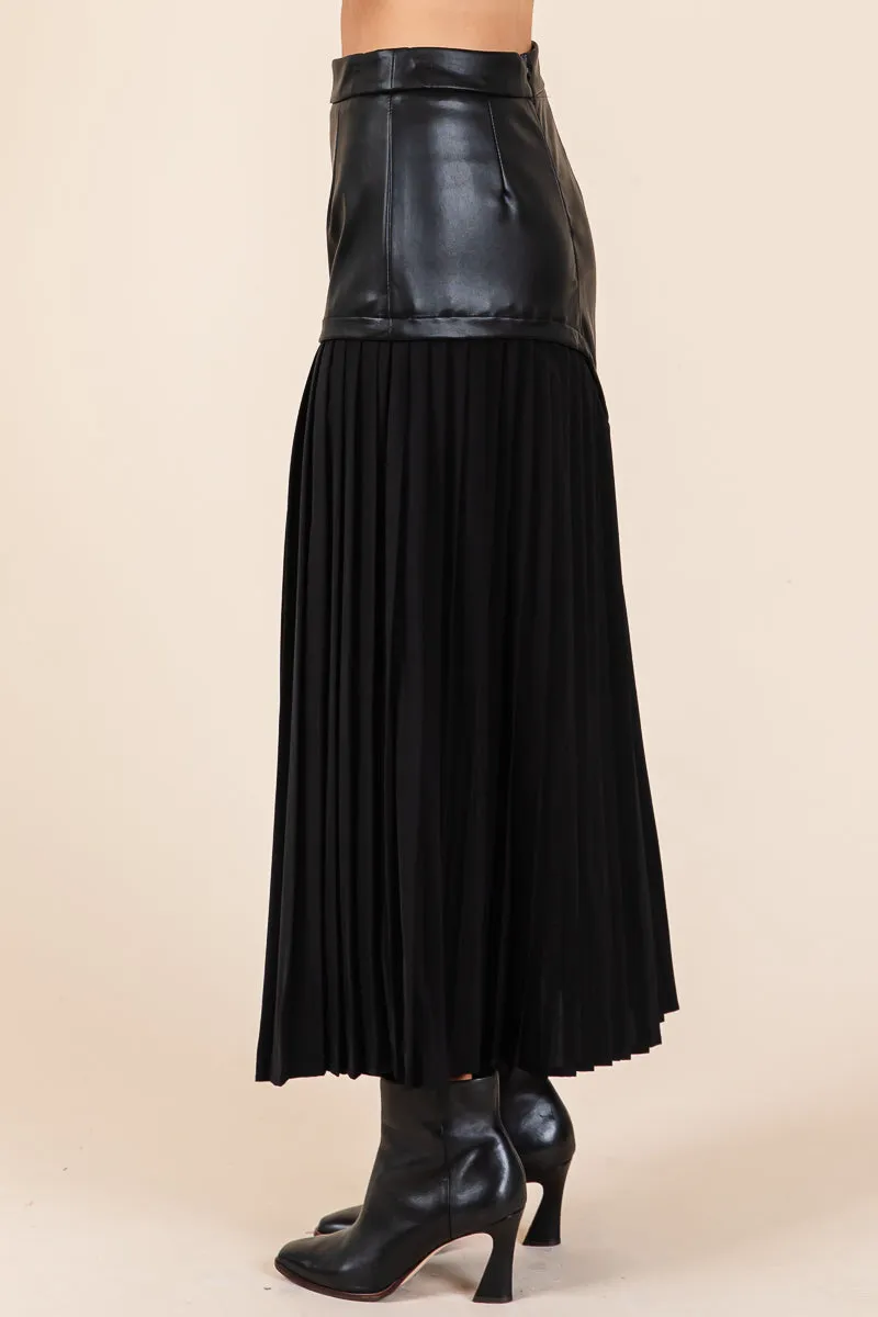 High Waist Pleated Hem Faux Leather Midi Skirt