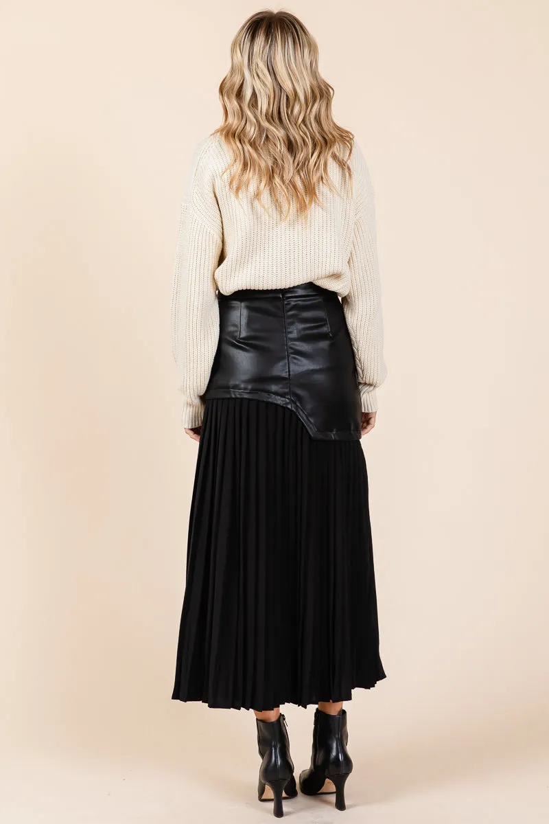 High Waist Pleated Hem Faux Leather Midi Skirt