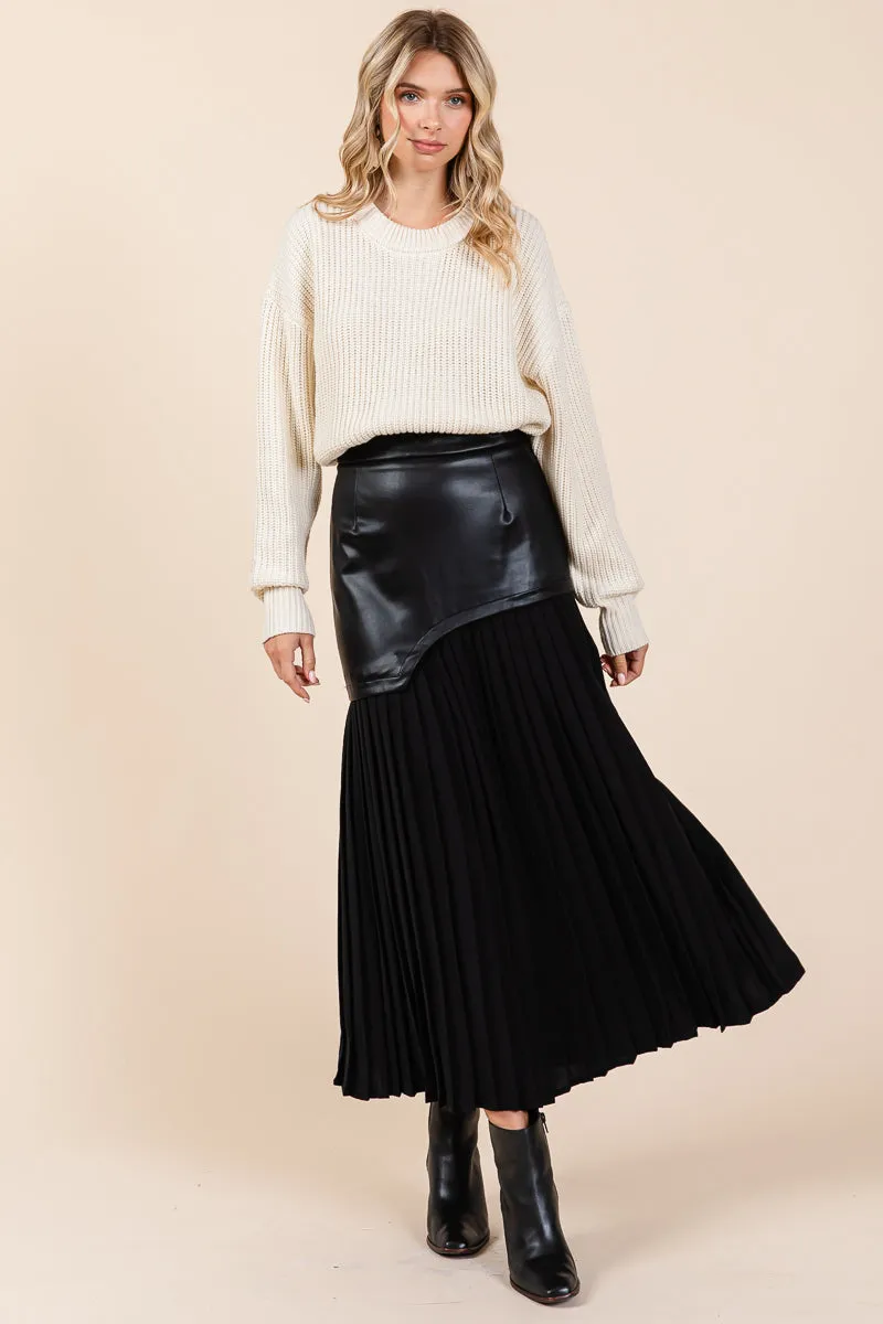 High Waist Pleated Hem Faux Leather Midi Skirt