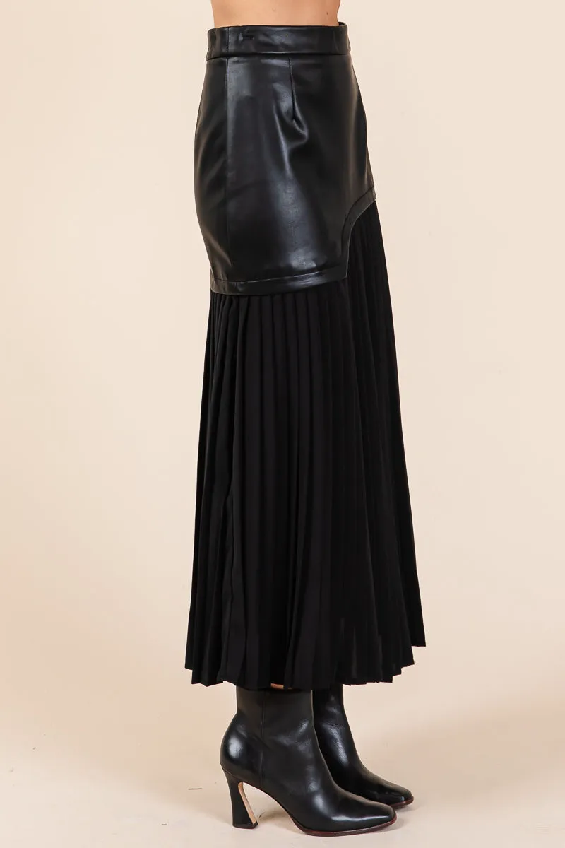 High Waist Pleated Hem Faux Leather Midi Skirt