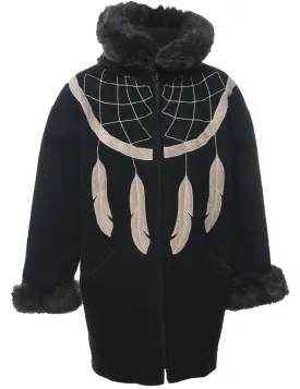 Hooded Dream Catcher Design Faux Fur Trim Wool Coat - XL