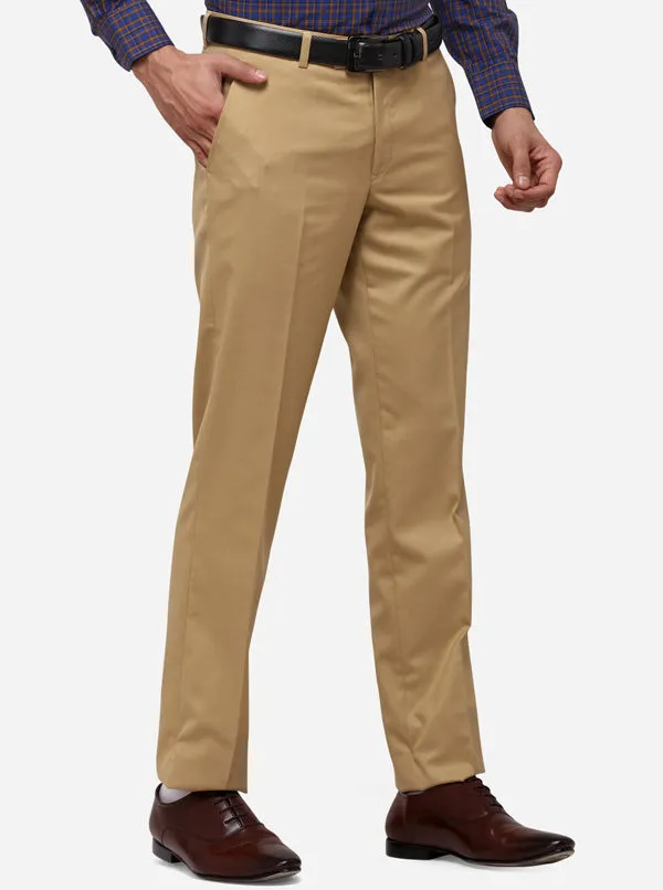 Khaki Solid Slim Fit Formal Trouser | Metal