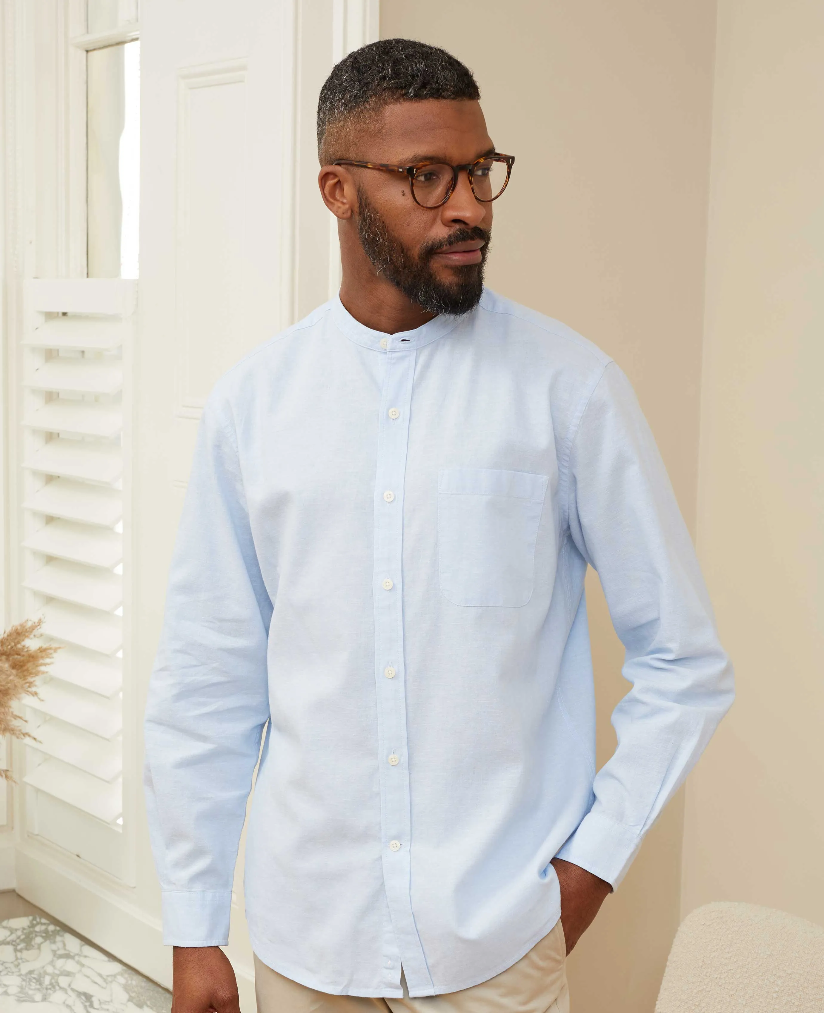 Light Blue Linen Cotton Grandad Collar Shirt