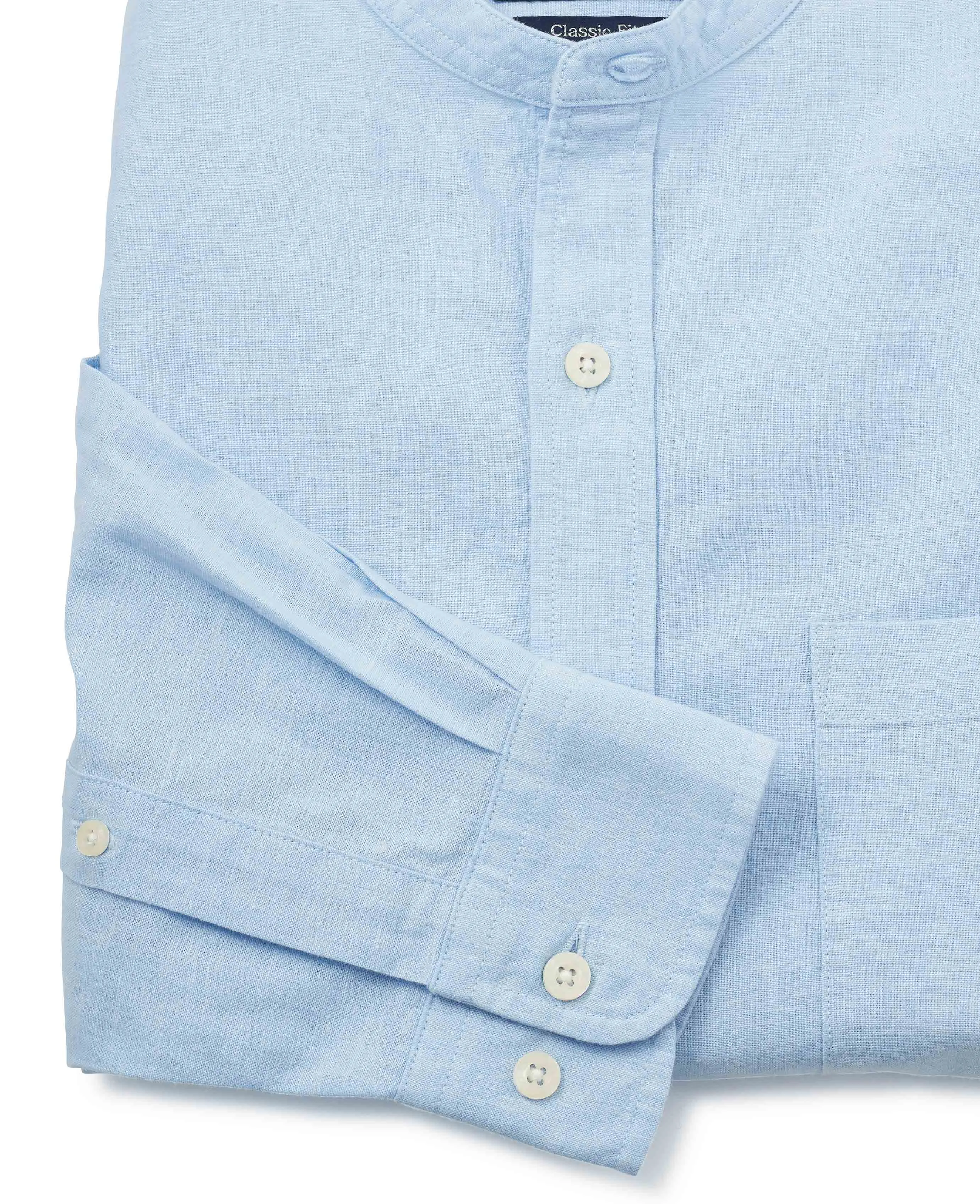 Light Blue Linen Cotton Grandad Collar Shirt