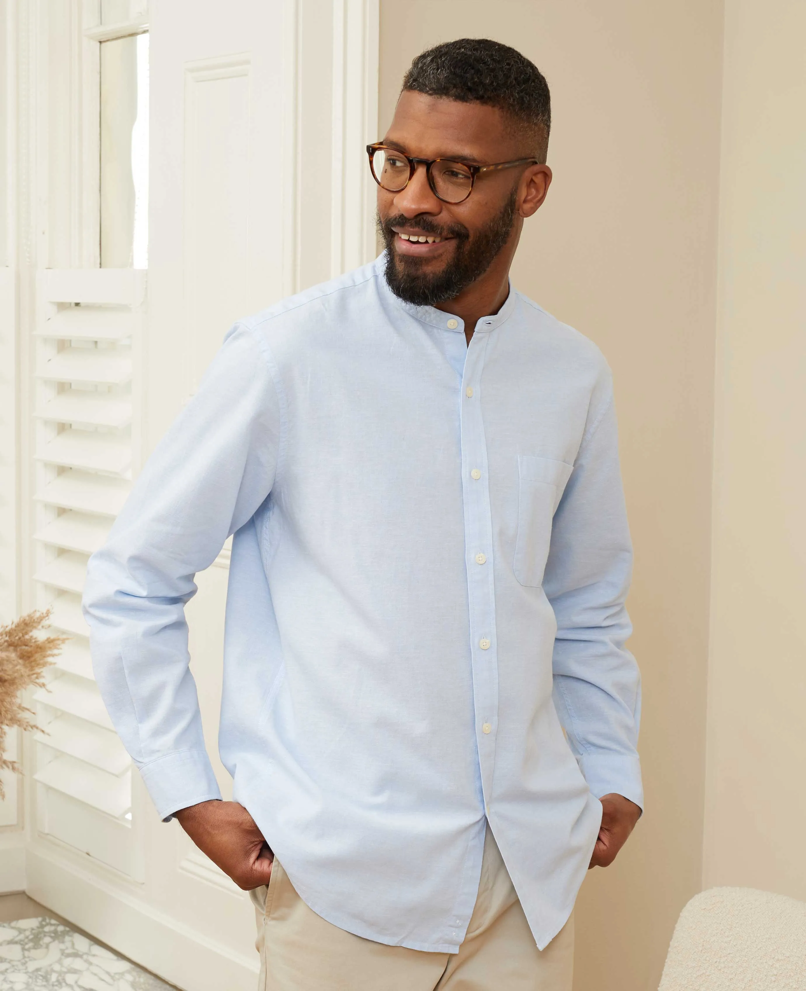 Light Blue Linen Cotton Grandad Collar Shirt