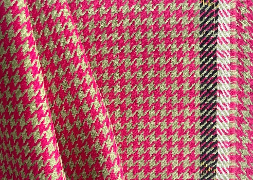 Lipstick Pink & Moss Hounds-Tooth Virgin Wool Twill (Made in Italy)