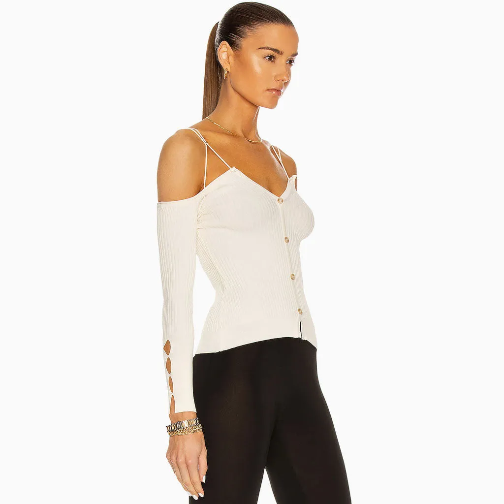 Long Sleeve V Neck Off Shoulder Rib Knit Crop Top - White