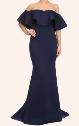 MACloth Mermaid Off the Shoulder Satin Maxi Prom Dress Dark Navy Formal Gown