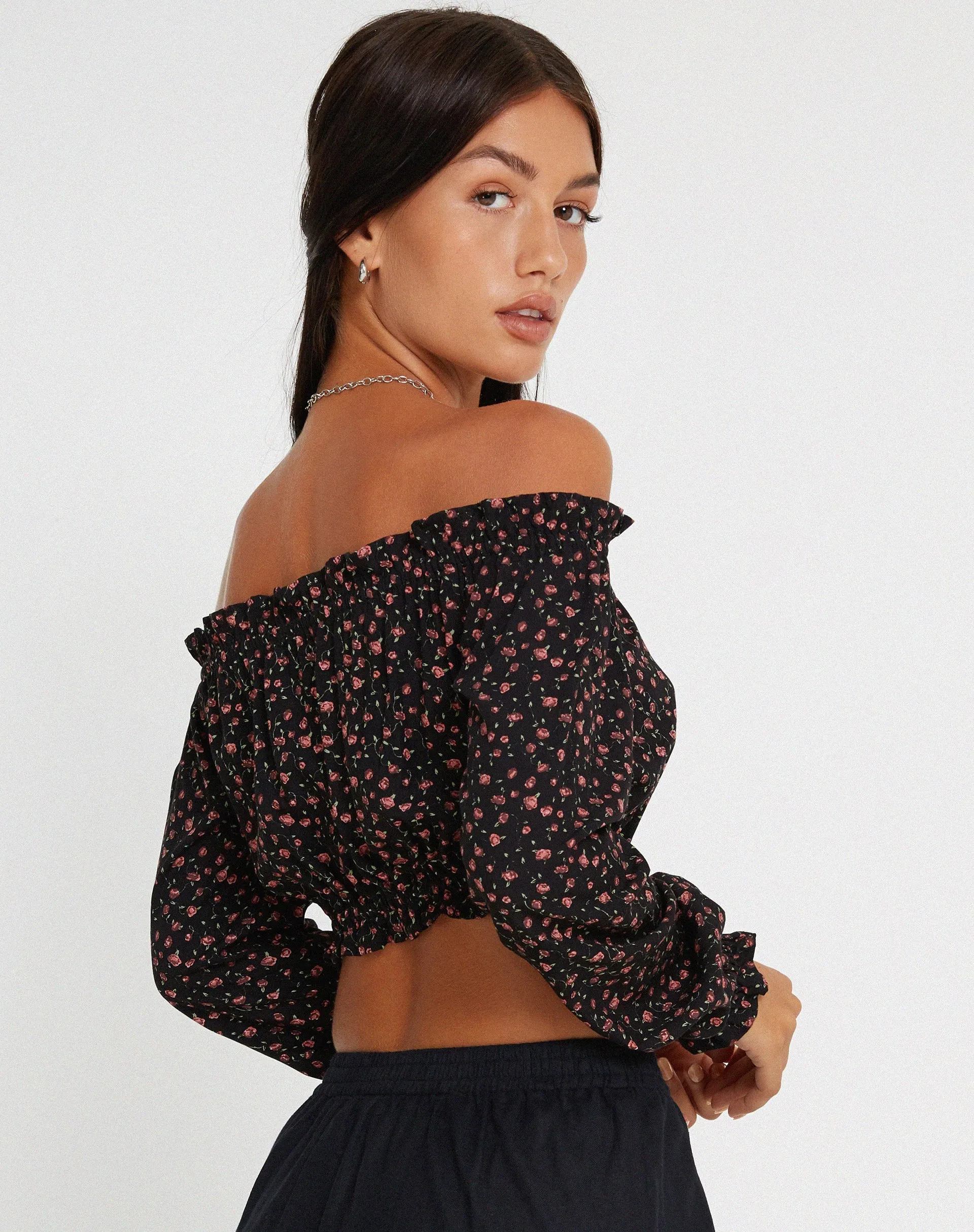 Madley Long Sleeve Bardot Top in Dark Pink Rose Black