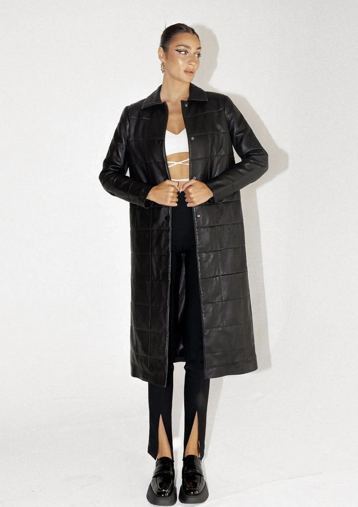 Maple Quilted Long Leather Coat