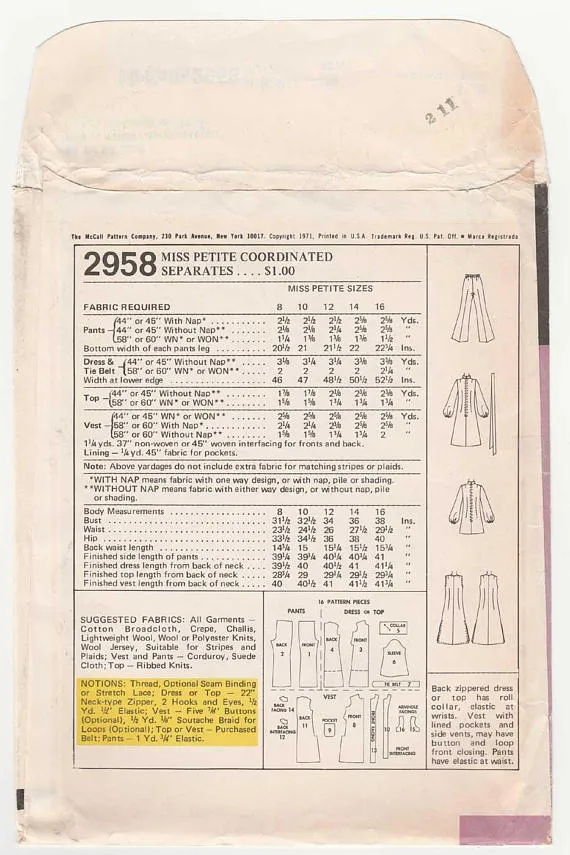 McCall's 2958 A-Line Dress, Pull-On Pants, Roll Collar Top, and Long Vest Vintage 1970's