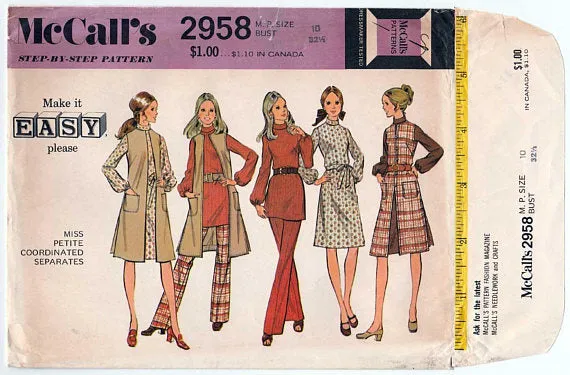 McCall's 2958 A-Line Dress, Pull-On Pants, Roll Collar Top, and Long Vest Vintage 1970's