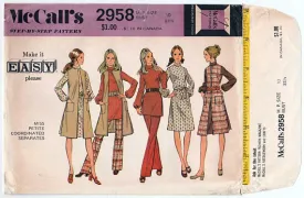 McCall's 2958 A-Line Dress, Pull-On Pants, Roll Collar Top, and Long Vest Vintage 1970's