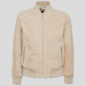 Men Beige Suede Bomber Jacket