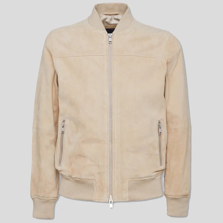 Men Beige Suede Bomber Jacket