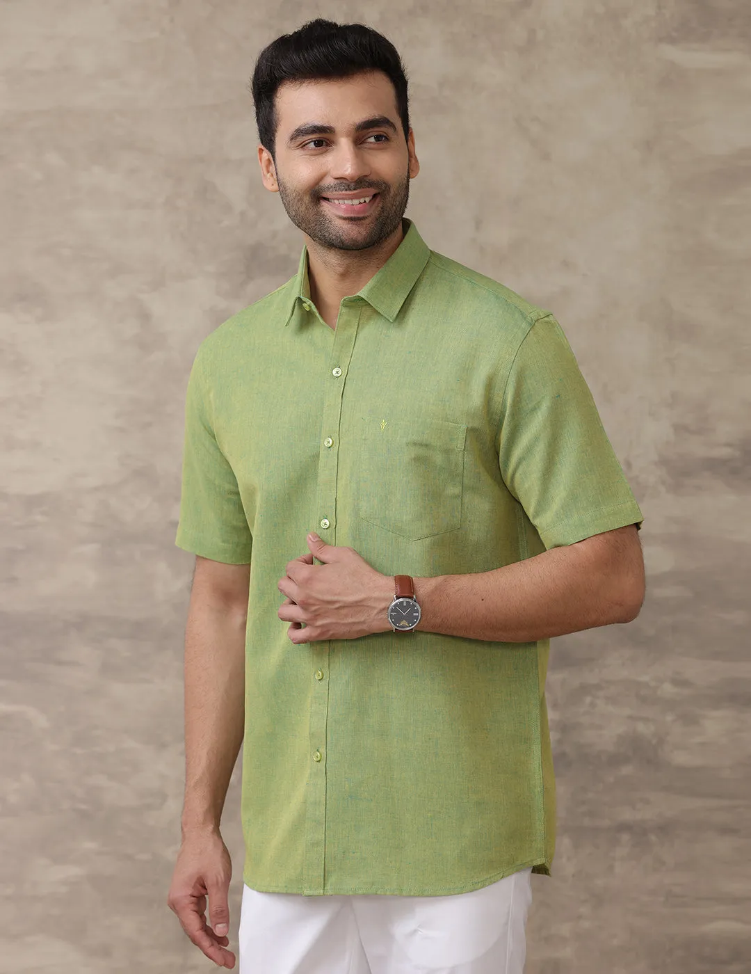 Men Linen Cotton Shirt Yellowish Green LF9