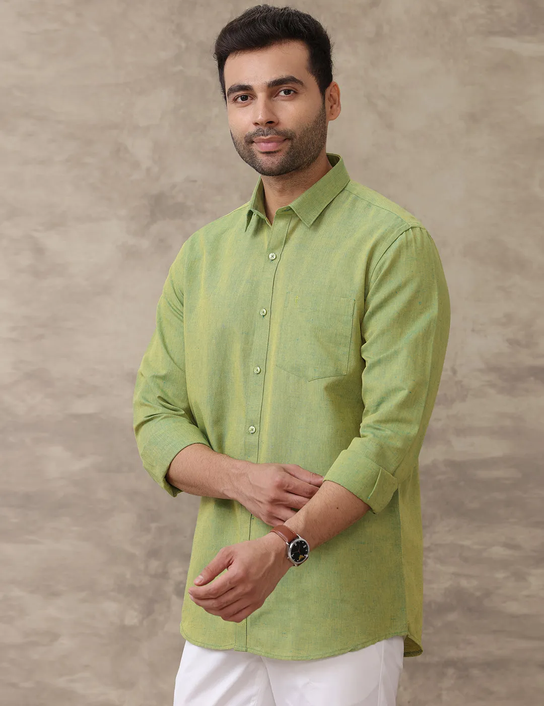 Men Linen Cotton Shirt Yellowish Green LF9