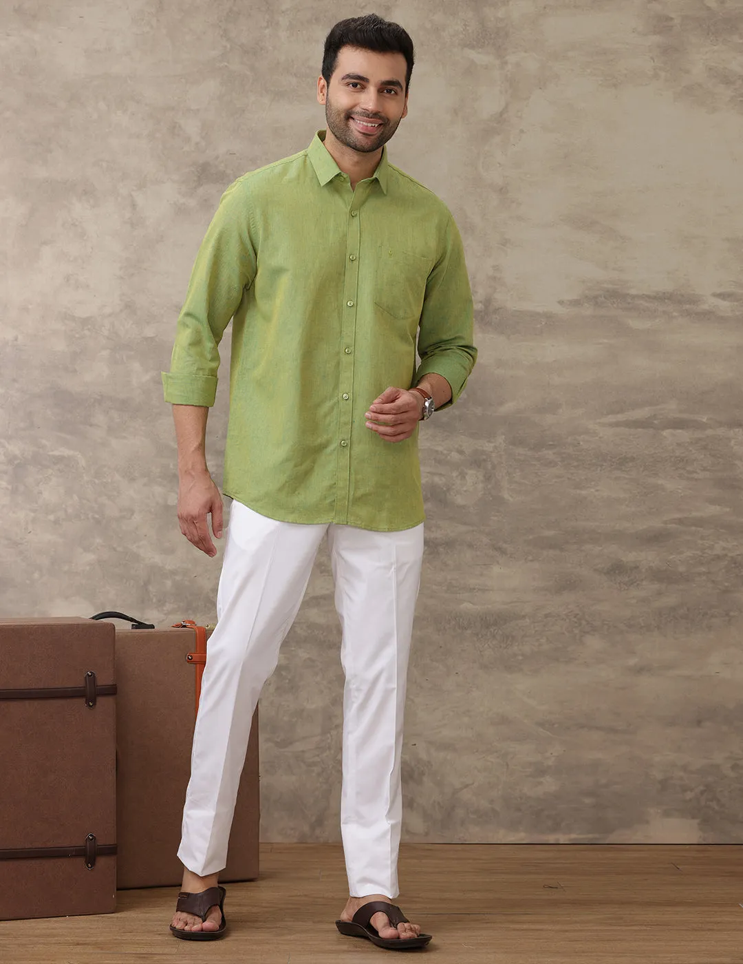 Men Linen Cotton Shirt Yellowish Green LF9