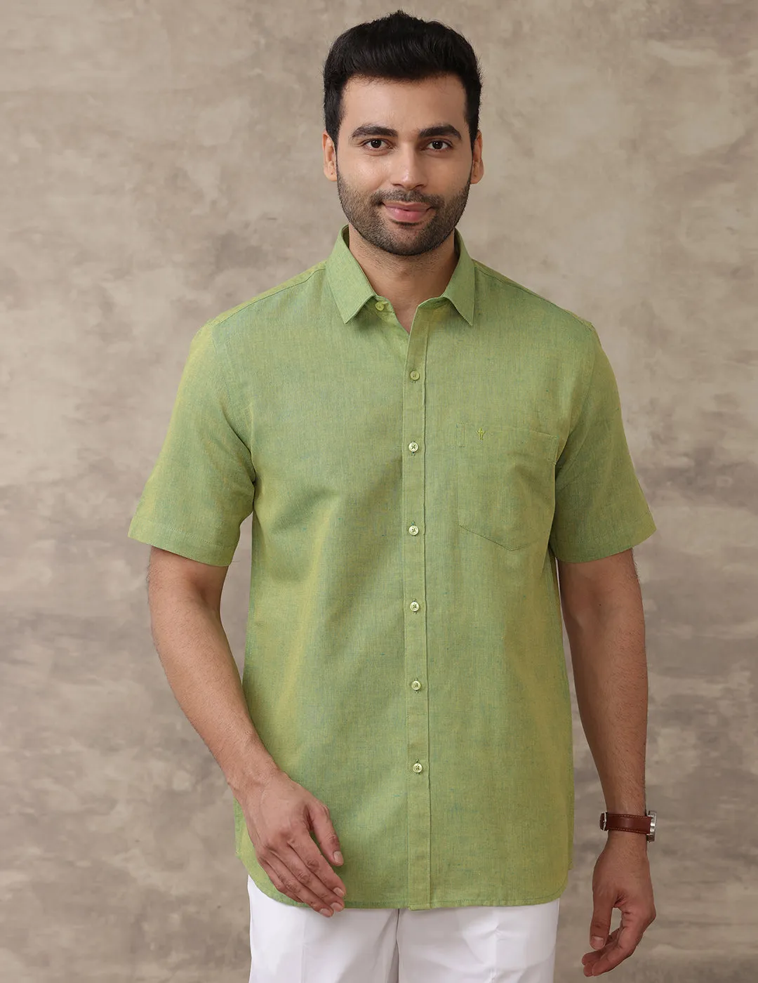 Men Linen Cotton Shirt Yellowish Green LF9