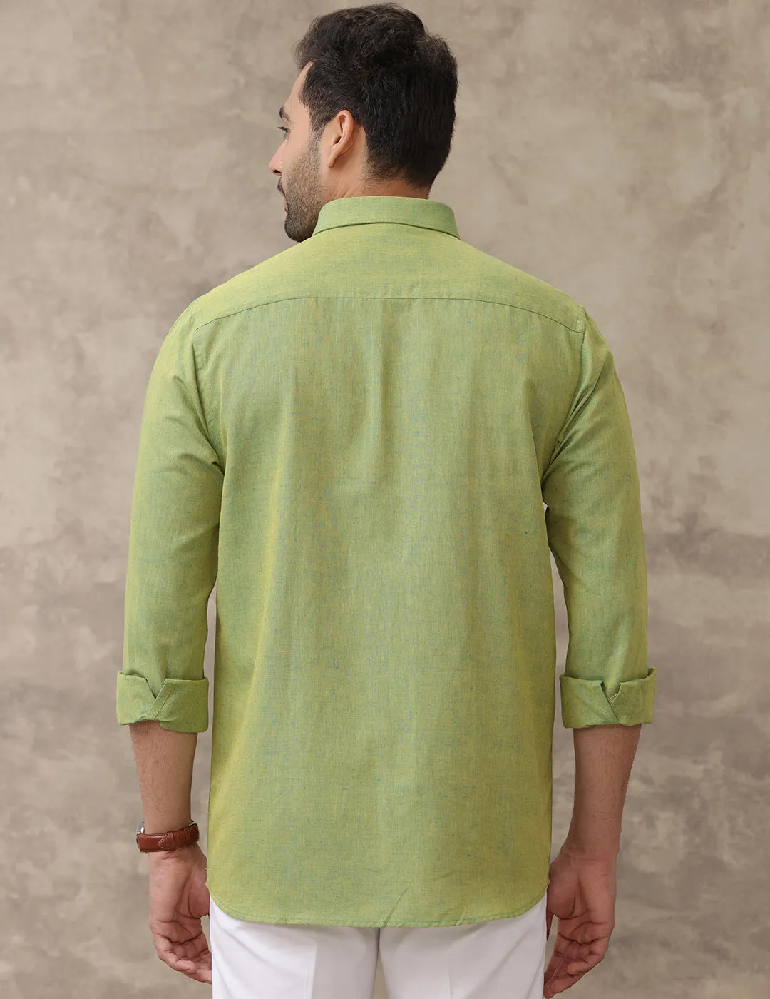 Men Linen Cotton Shirt Yellowish Green LF9