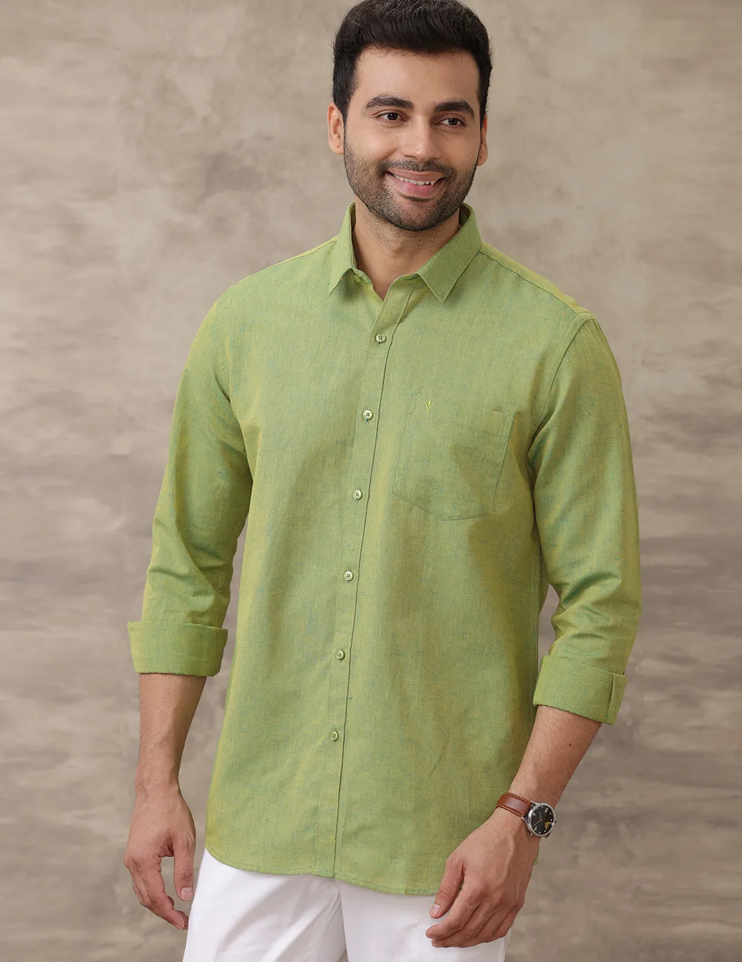 Men Linen Cotton Shirt Yellowish Green LF9