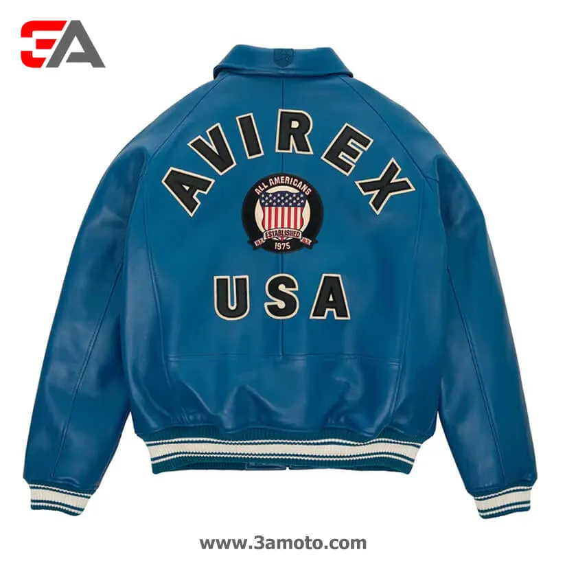 Men Teal Varsity Leather Bomber Avirex Jacket