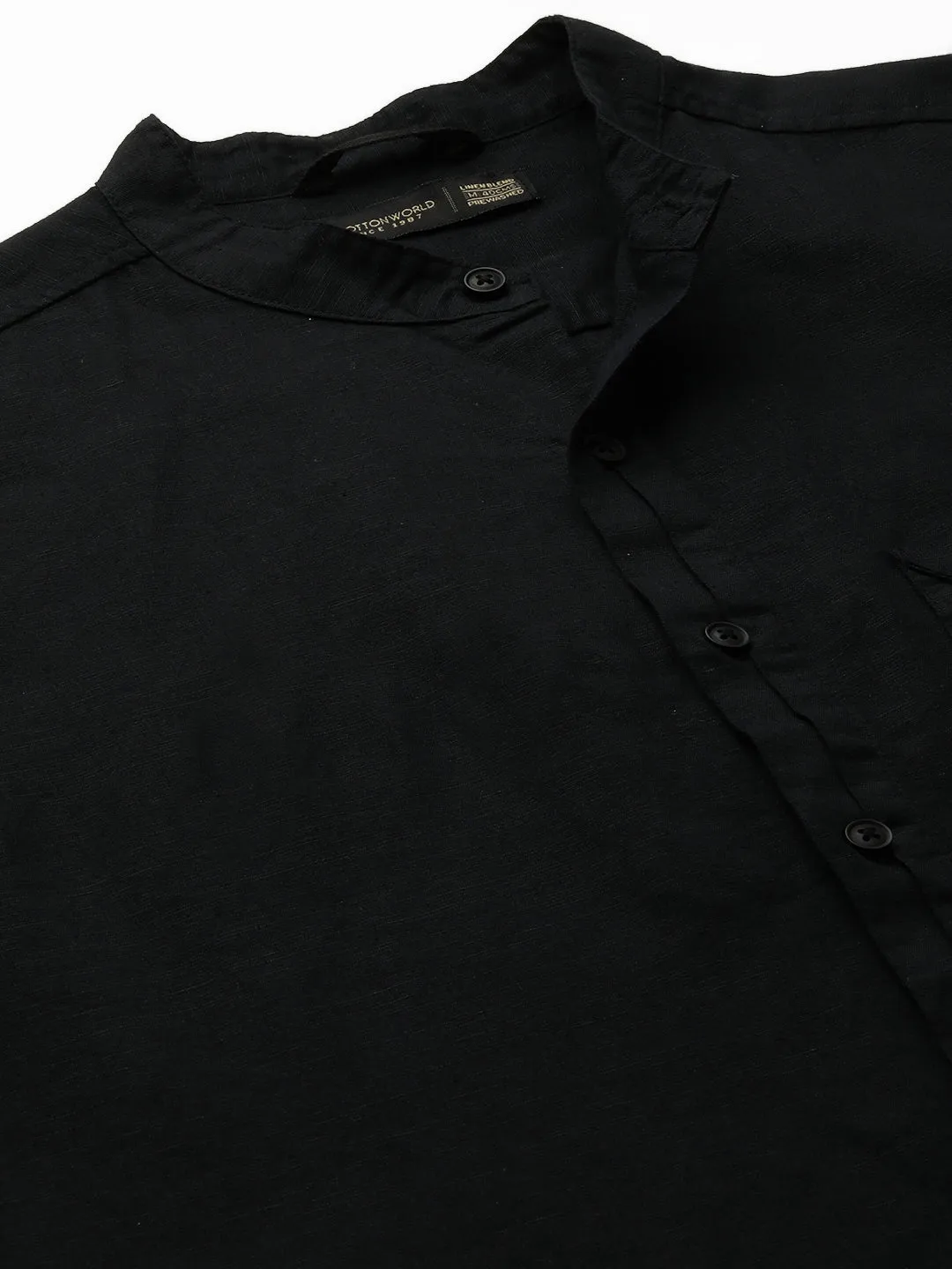 Men's Black 100% Linen Regular Fit Band Collared Long Sleeved Shirt