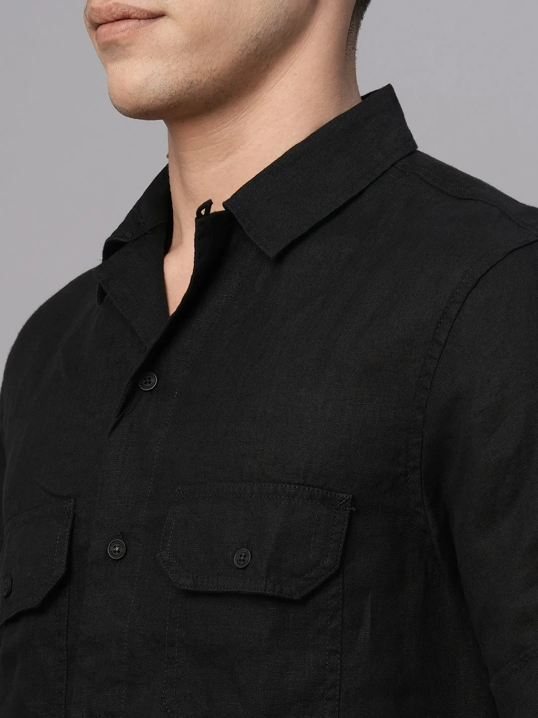 Men's Black 100% Linen Regular Fit Shirt