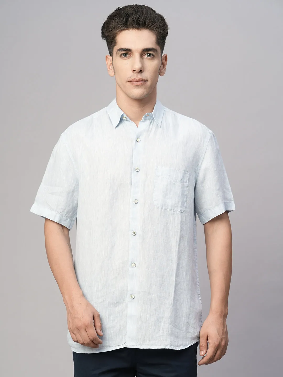 Men's Blue 100% Linen Regular Fit Shirt