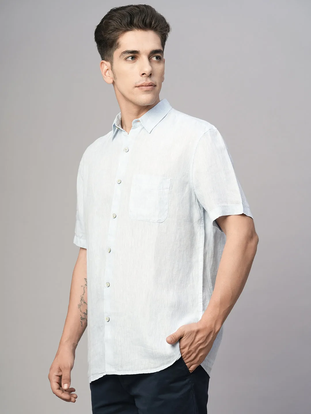 Men's Blue 100% Linen Regular Fit Shirt