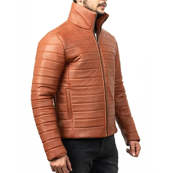 Mens Brown Leather Puffer Jacket