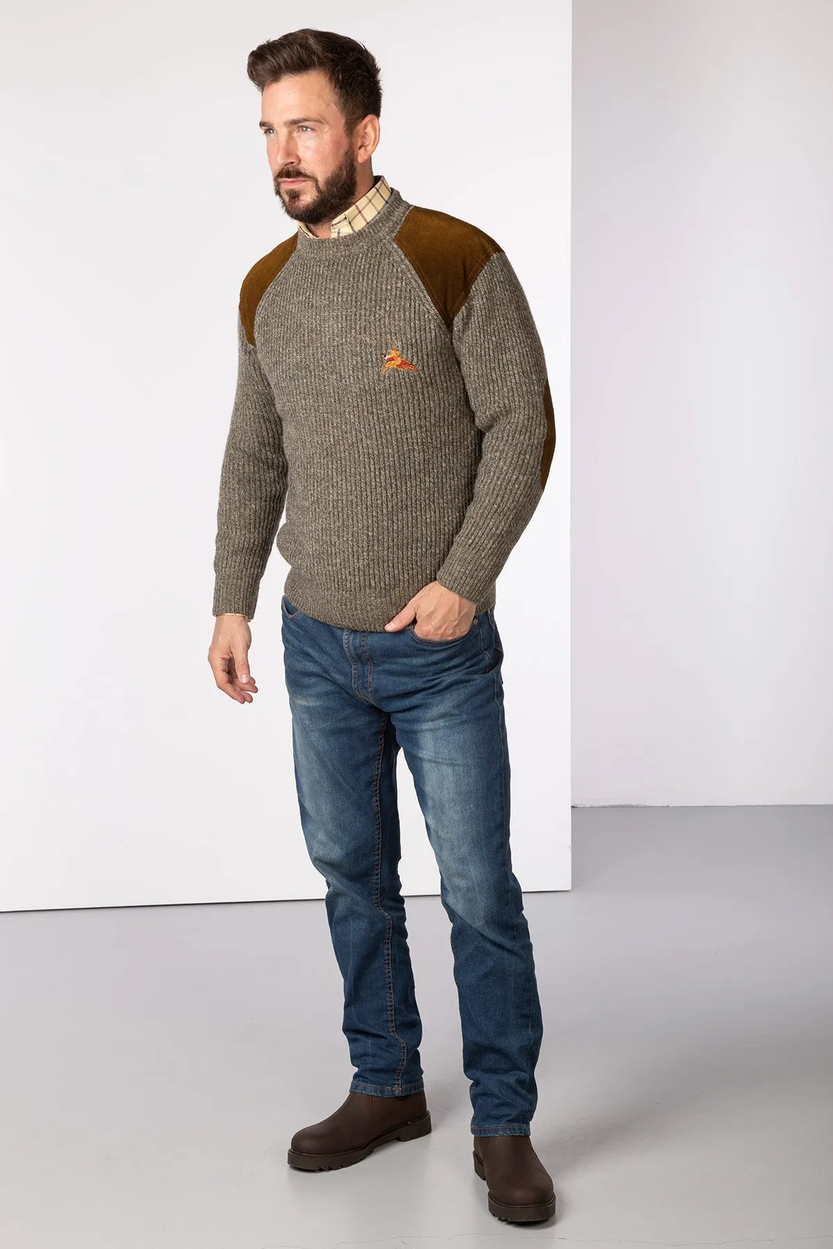 Men's Chunky Crew Neck Shooting Jumper With Elbow Patches