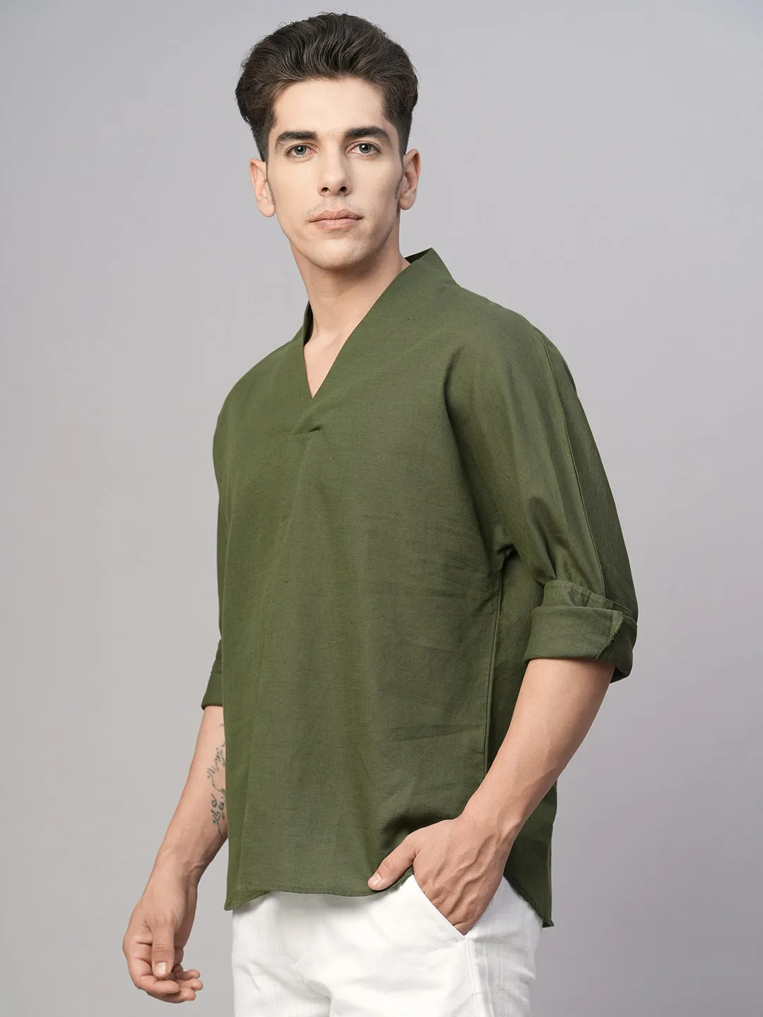 Men's Olive Cotton Linen Regular Fit Shirt