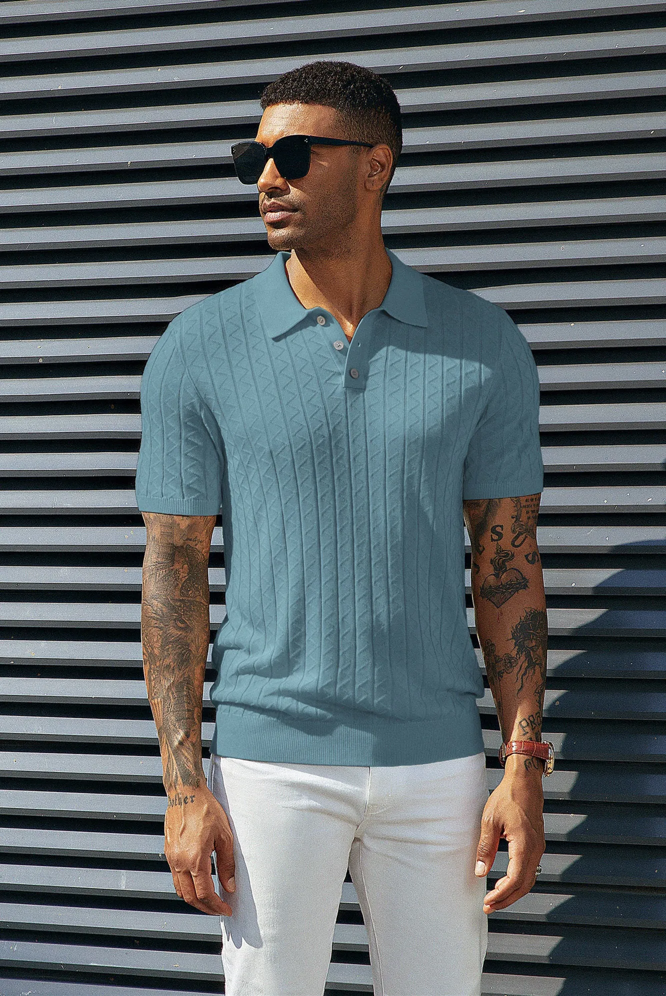 Mens Polo Shirts Short Sleeve Wavy Textured Knit Polo Shirts