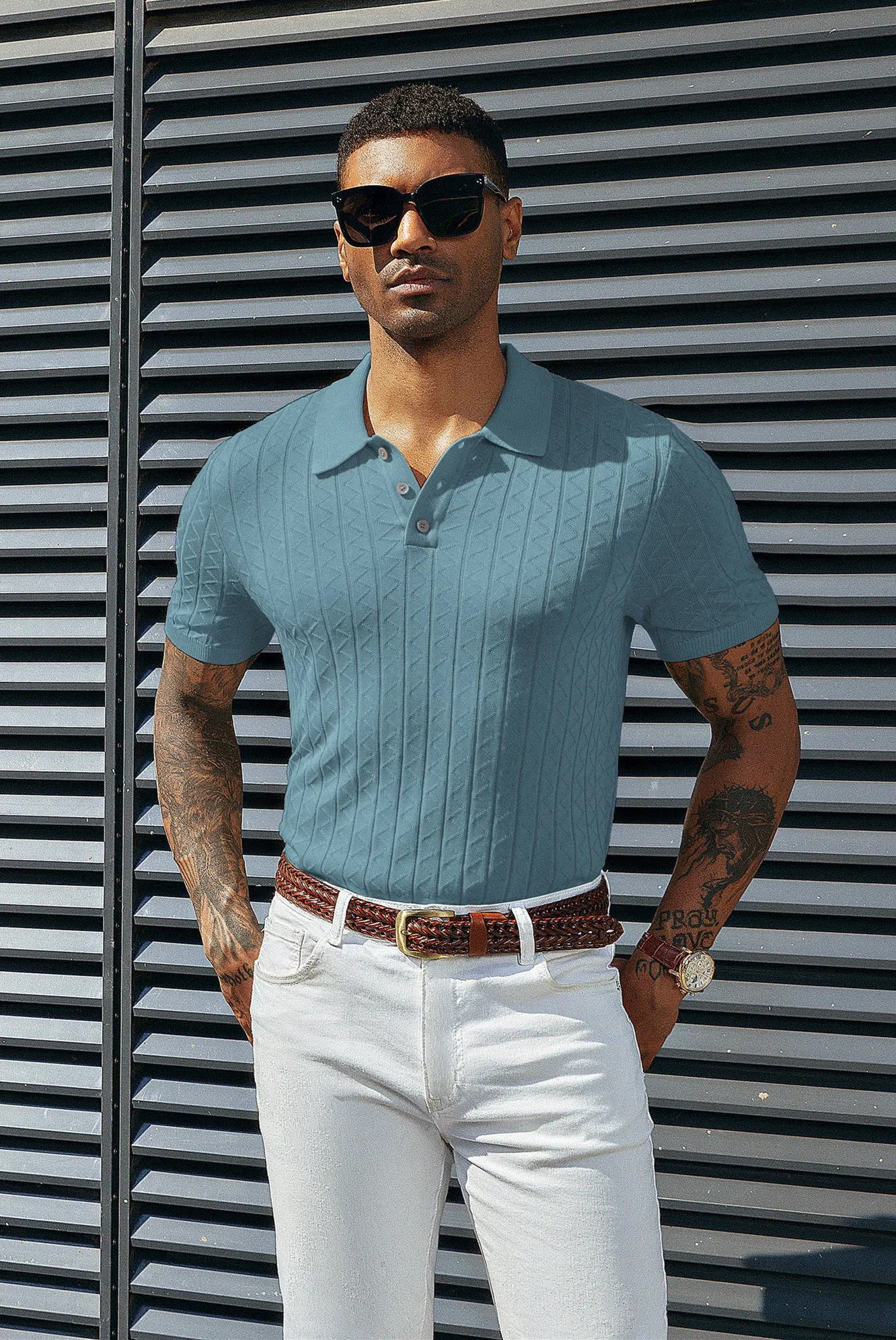 Mens Polo Shirts Short Sleeve Wavy Textured Knit Polo Shirts