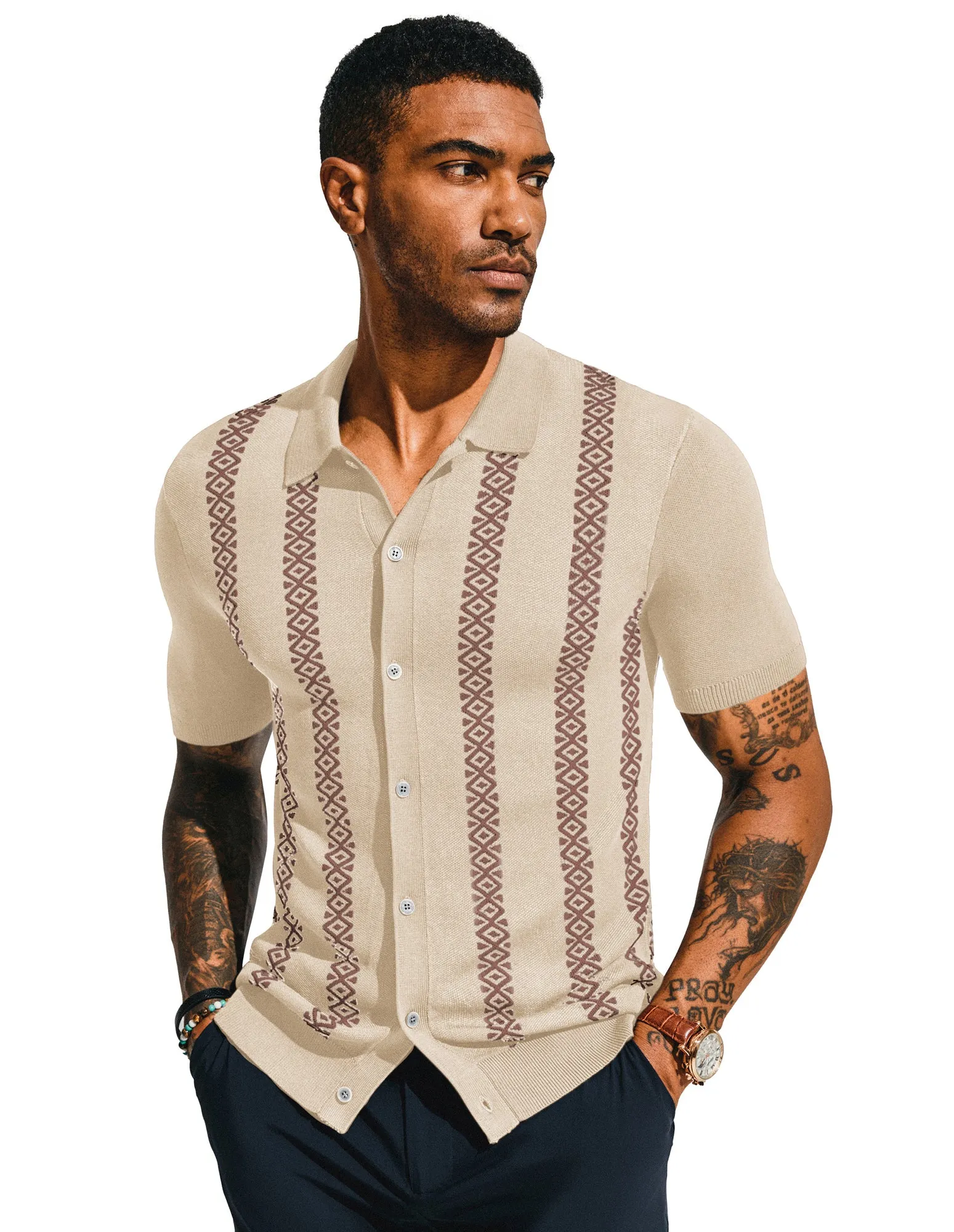 Men's Vintage Polo Short Shirt Geometric Patterns Stripe Knit Casual Shirts