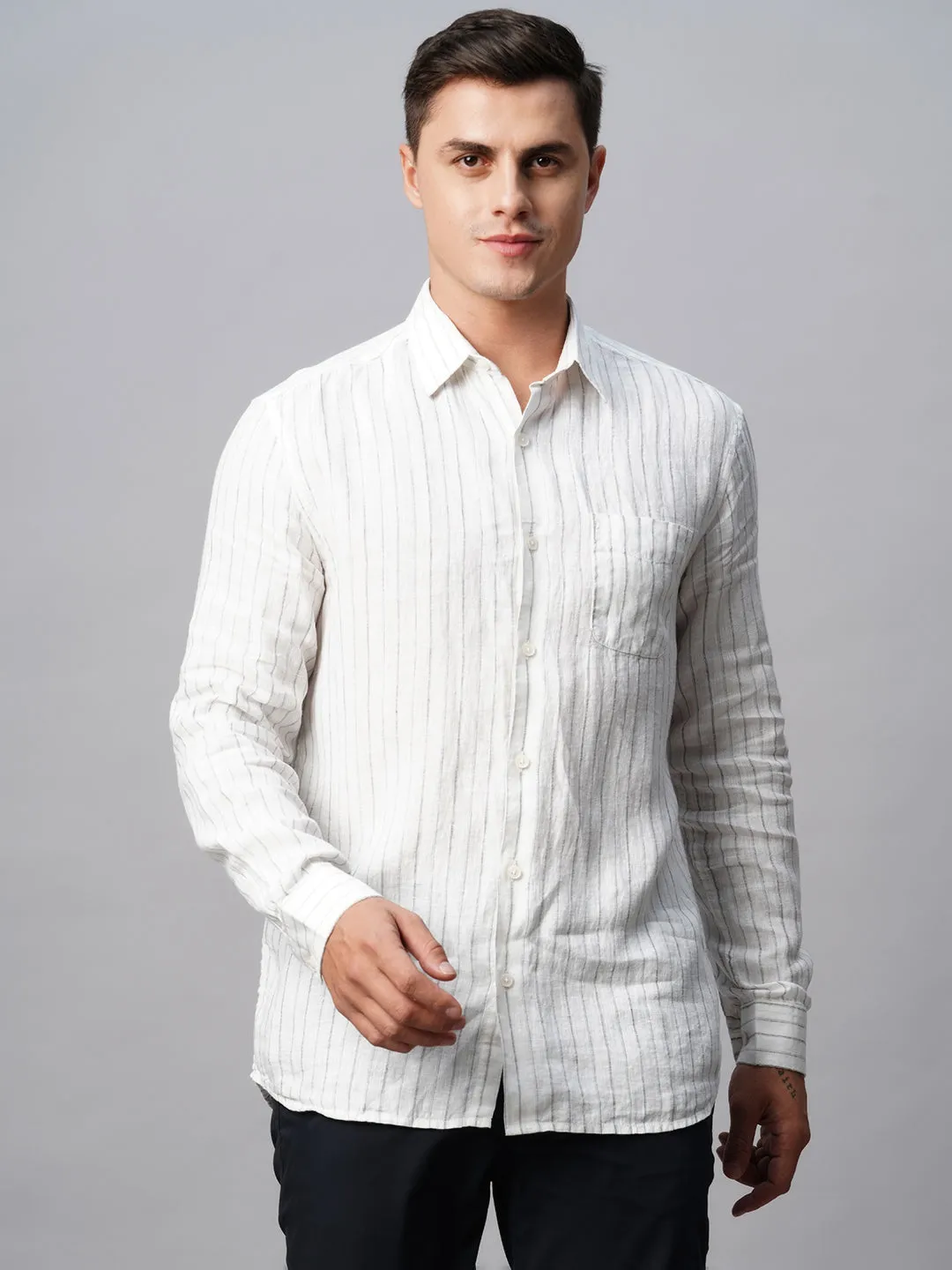 Men's White 100% Linen Regular Fit Long Sleeved Striped Shirt