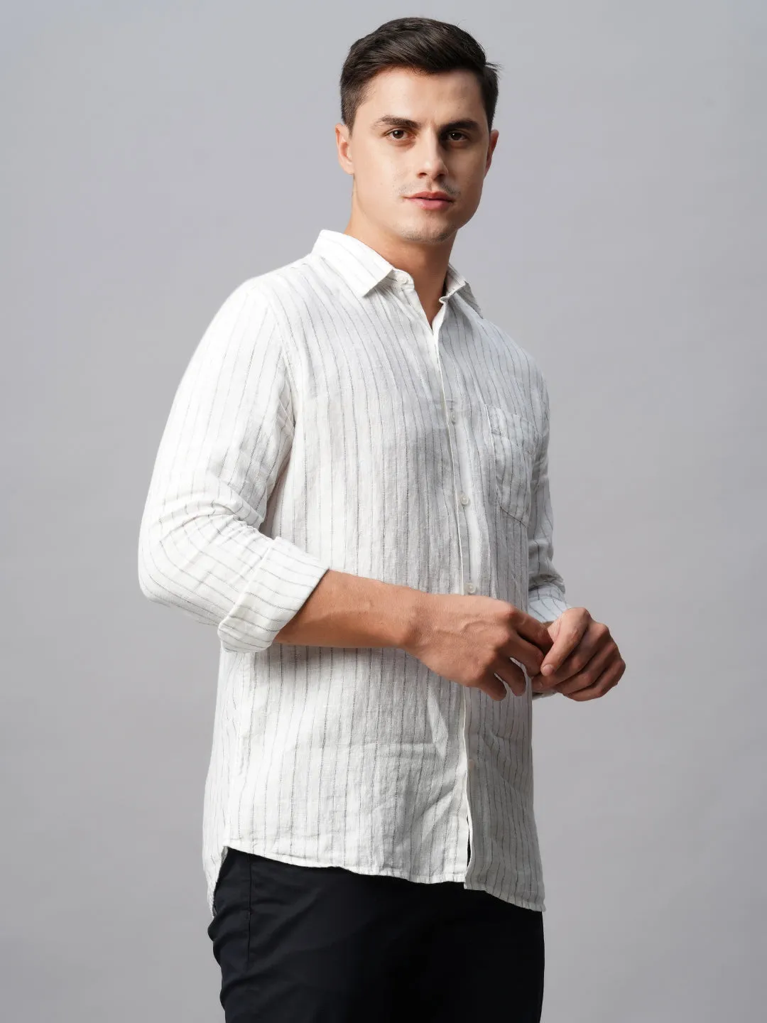 Men's White 100% Linen Regular Fit Long Sleeved Striped Shirt