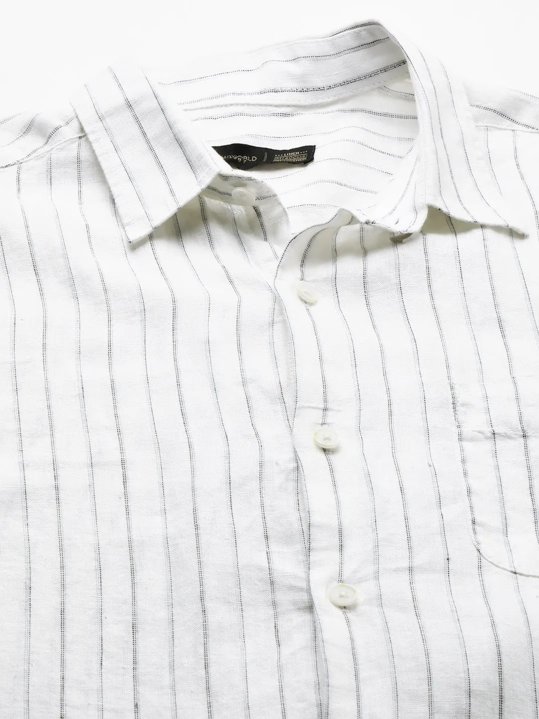 Men's White 100% Linen Regular Fit Long Sleeved Striped Shirt