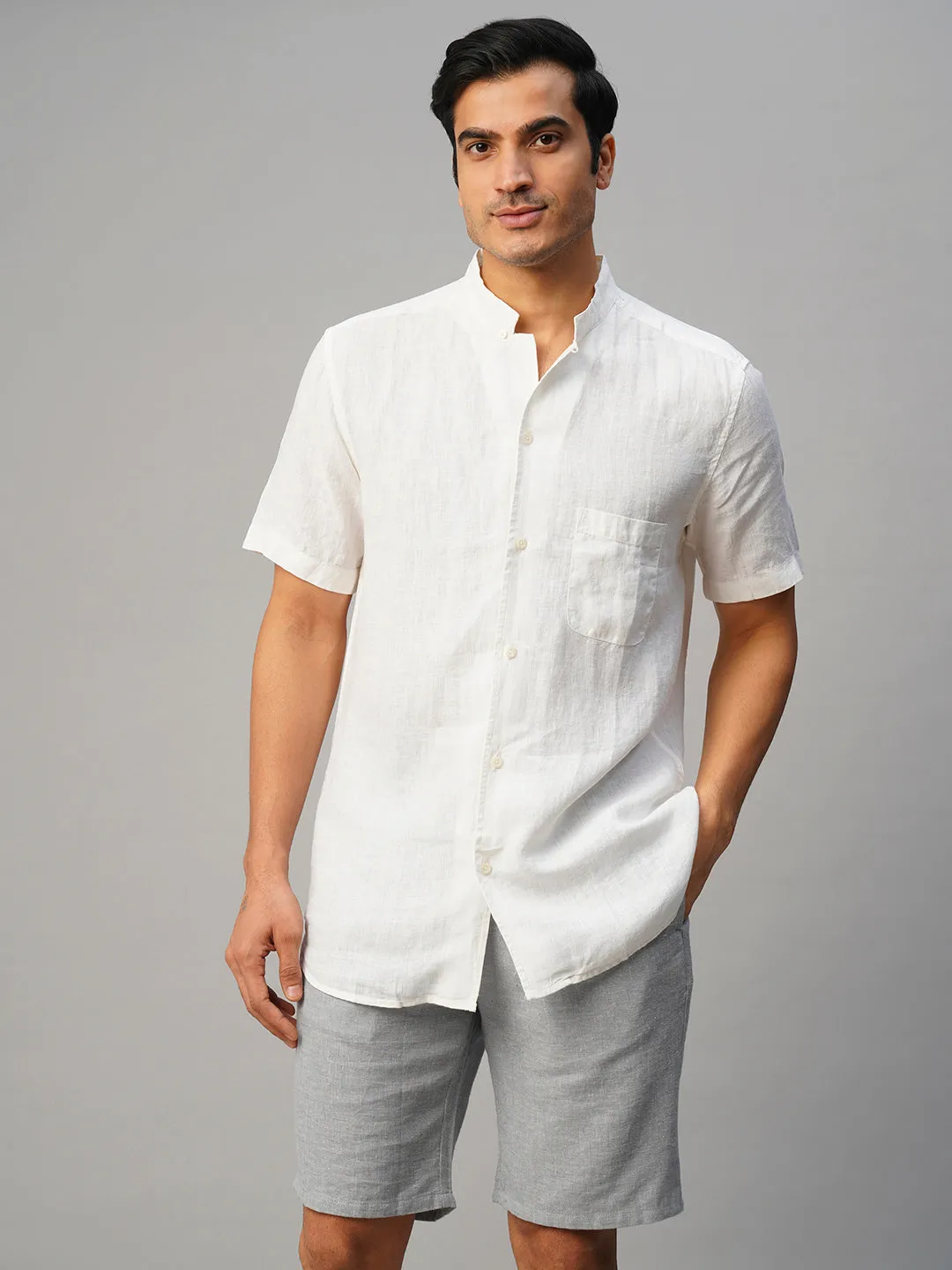 Men's White 100% Linen Regular Fit Shirt