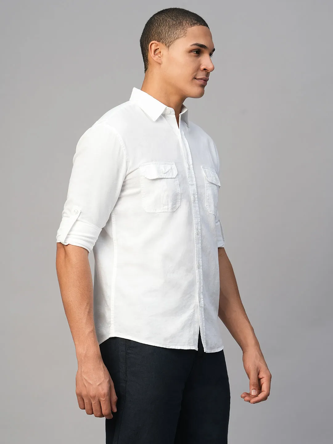 Men's White Linen Cotton Regular Fit Shirt