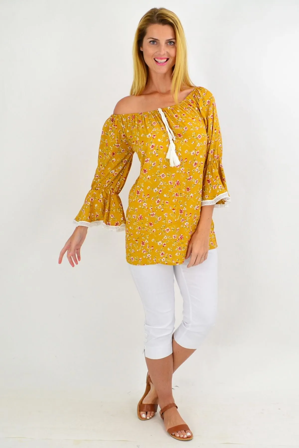 Mustard Floral Tassel Off shoulder Tunic Top